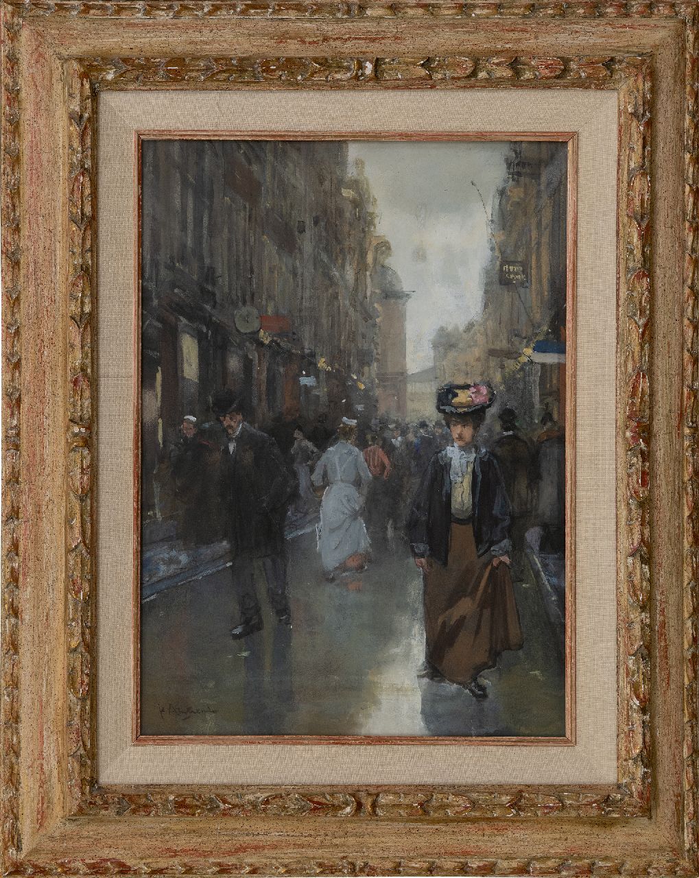 Arntzenius P.F.N.J.  | Pieter Florentius Nicolaas Jacobus 'Floris' Arntzenius | Aquarellen en tekeningen te koop aangeboden | Drukbevolkte Spuistraat in Den Haag, aquarel op papier 41,6 x 30,7 cm, gesigneerd linksonder