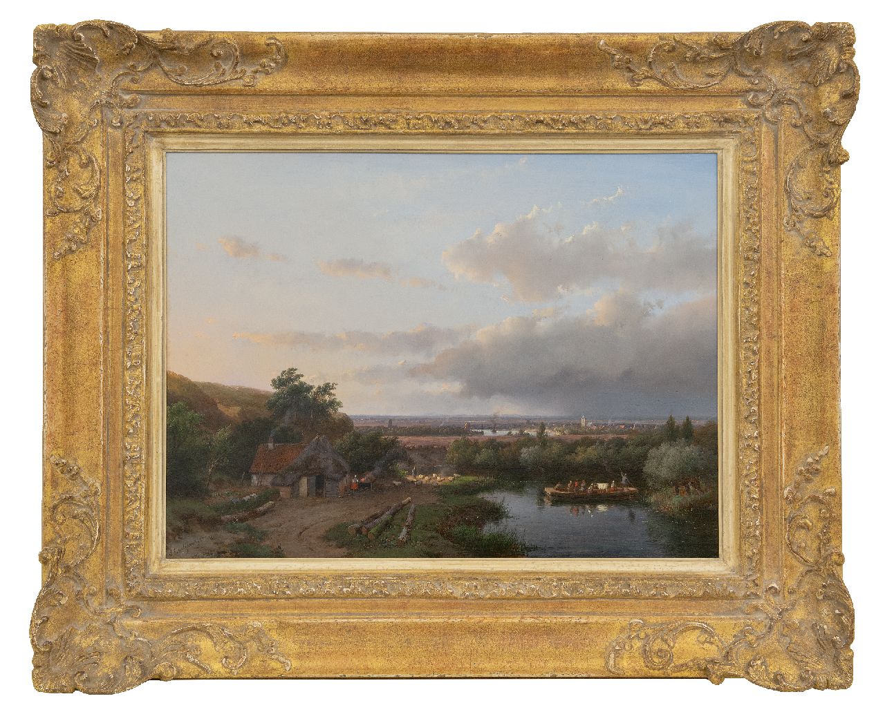 Schelfhout A. | Andreas Schelfhout, Panoramisch zomerlandschap met overzetveer, olieverf op paneel 37,3 x 50,6 cm, gesigneerd linksonder en gedateerd '57 Schelfhout A. | Andreas Schelfhout, Panoramisch zomerlandschap met overzetveer, olieverf op paneel 37,3 x 50,6 cm, gesigneerd linksonder en gedateerd '57