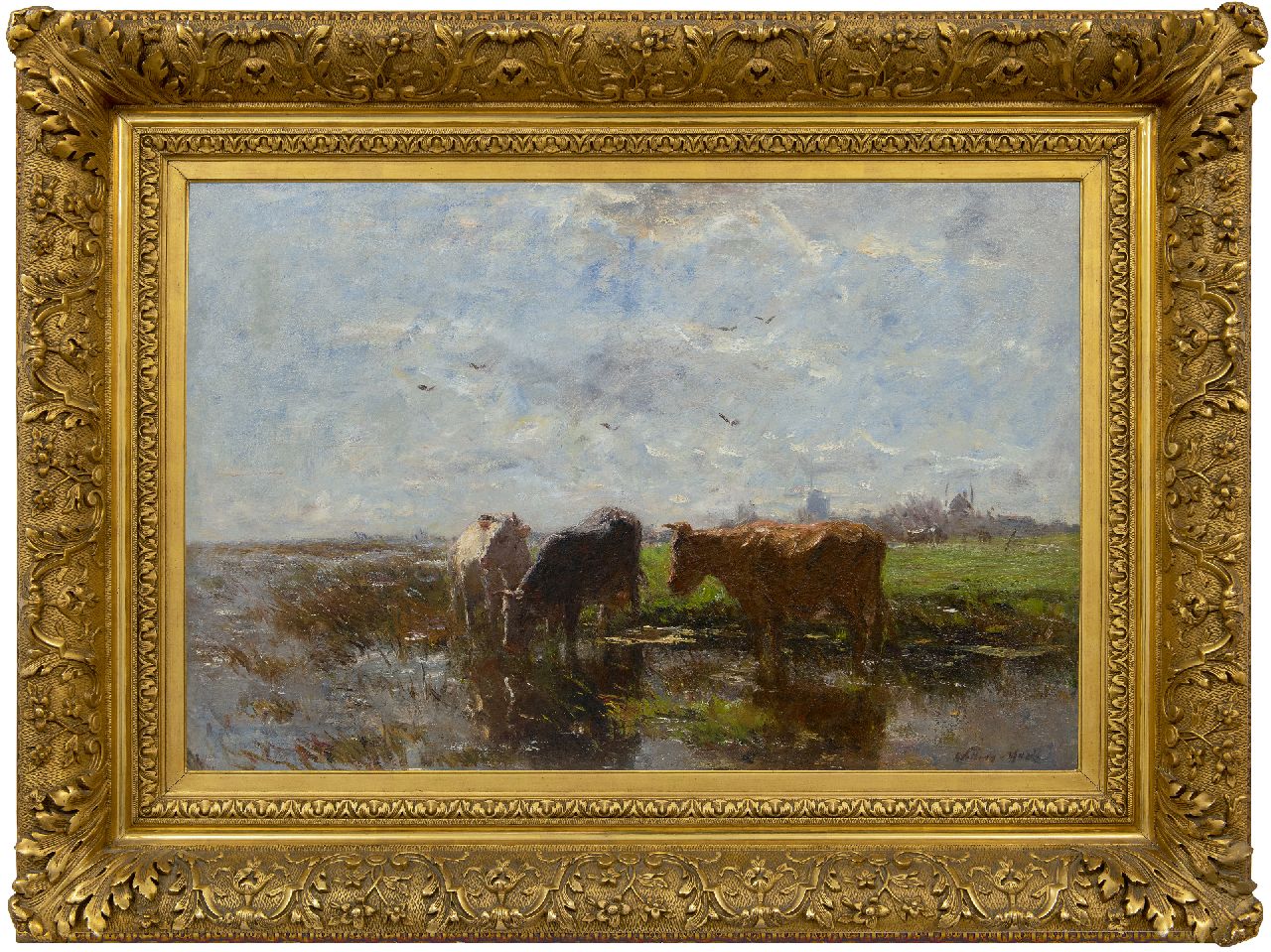 Maris W. | Willem Maris, Drinkende koeien in een polderlandschap, olieverf op doek 58,2 x 85,2 cm, gesigneerd rechtsonder Maris W. | Willem Maris, Drinkende koeien in een polderlandschap, olieverf op doek 58,2 x 85,2 cm, gesigneerd rechtsonder