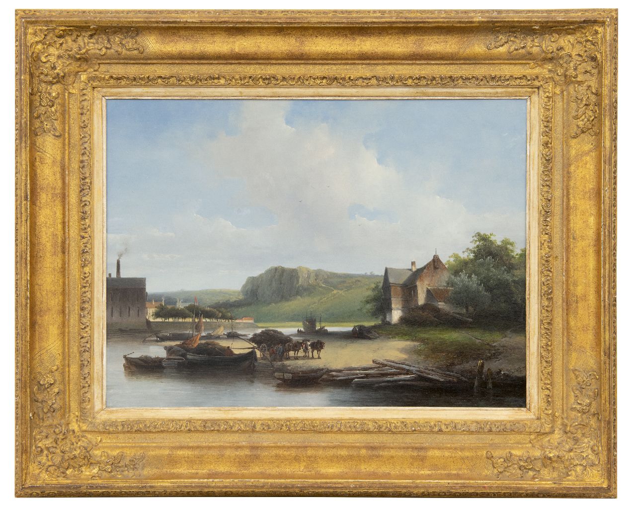 Hoppenbrouwers J.F. | Johannes Franciscus Hoppenbrouwers | Schilderijen te koop aangeboden | Maaslandschap met vrachtboten en paardenkar, olieverf op paneel 39,5 x 53,7 cm, gesigneerd rechtsonder en gedateerd '40 Hoppenbrouwers J.F. | Johannes Franciscus Hoppenbrouwers | Schilderijen te koop aangeboden | Maaslandschap met vrachtboten en paardenkar, olieverf op paneel 39,5 x 53,7 cm, gesigneerd rechtsonder en gedateerd '40