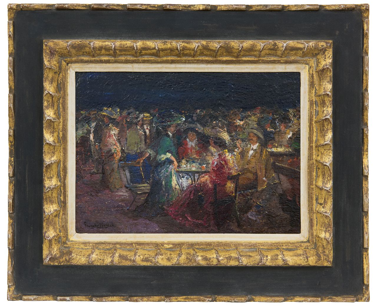 Helfferich F.W. | Franciscus Willem 'Frans' Helfferich | Schilderijen te koop aangeboden | Parkterras bij avond, olieverf op papier op paneel 20,8 x 29,0 cm, gesigneerd linksonder Helfferich F.W. | Franciscus Willem 'Frans' Helfferich | Schilderijen te koop aangeboden | Parkterras bij avond, olieverf op papier op paneel 20,8 x 29,0 cm, gesigneerd linksonder