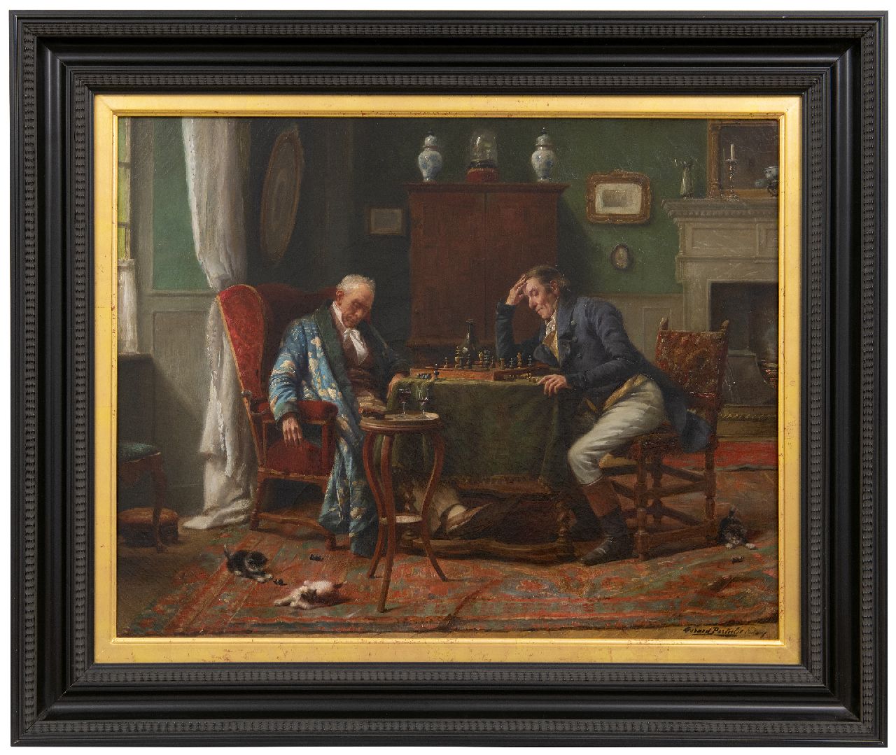 Portielje G.J.  | 'Gerard' Joseph Portielje, Bij het schaakspel is het wakker blijven, olieverf op doek 46,7 x 58,5 cm, gesigneerd rechtsonder