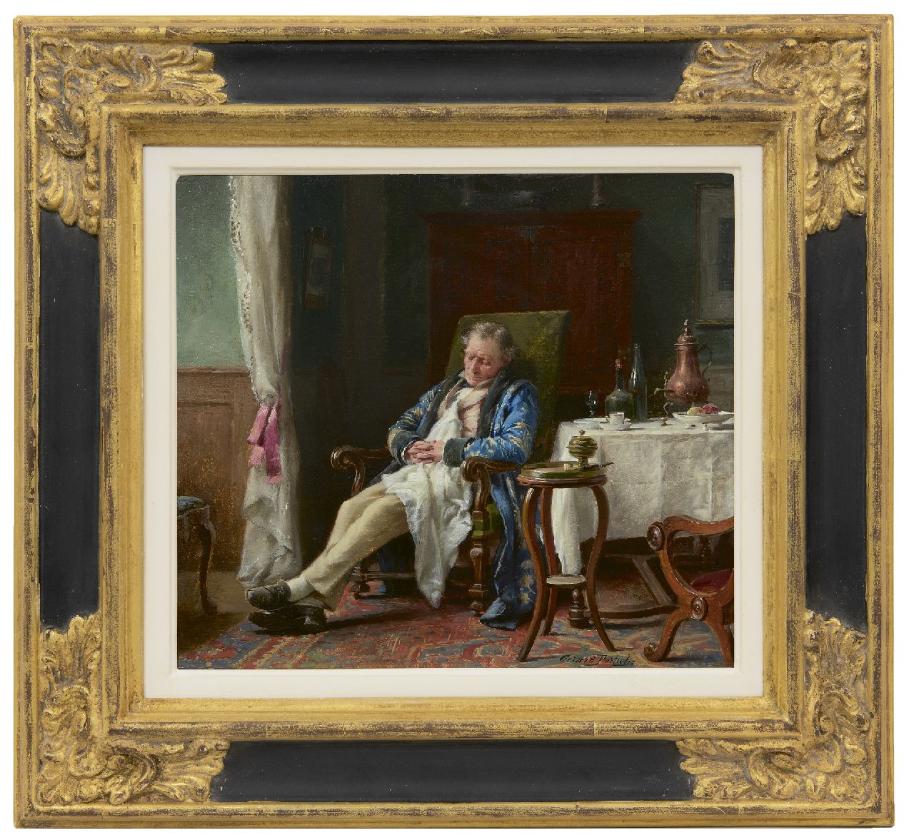 Portielje G.J.  | 'Gerard' Joseph Portielje, Een dutje na de maaltijd, olieverf op paneel 24,1 x 27,3 cm, gesigneerd rechtsonder