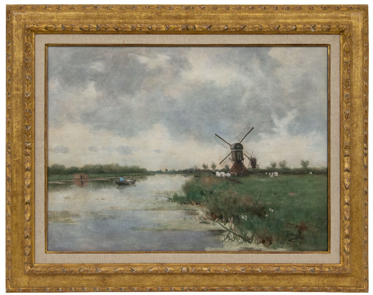 Bauffe V. | Victor Bauffe | Aquarellen en tekeningen te koop aangeboden | Molen langs een poldervaart, aquarel en gouache op papier 46,6 x 65,2 cm, gesigneerd rechtsonder Bauffe V. | Victor Bauffe | Aquarellen en tekeningen te koop aangeboden | Molen langs een poldervaart, aquarel en gouache op papier 46,6 x 65,2 cm, gesigneerd rechtsonder