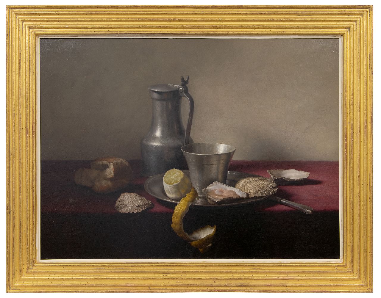 Eversen J.H. | Johannes Hendrik 'Jan' Eversen | Schilderijen te koop aangeboden | Stilleven met tinnen vaatwerk, citroen en oesters, olieverf op doek 51,0 x 70,8 cm, gesigneerd rechtsonder en gedateerd 1957 Eversen J.H. | Johannes Hendrik 'Jan' Eversen | Schilderijen te koop aangeboden | Stilleven met tinnen vaatwerk, citroen en oesters, olieverf op doek 51,0 x 70,8 cm, gesigneerd rechtsonder en gedateerd 1957
