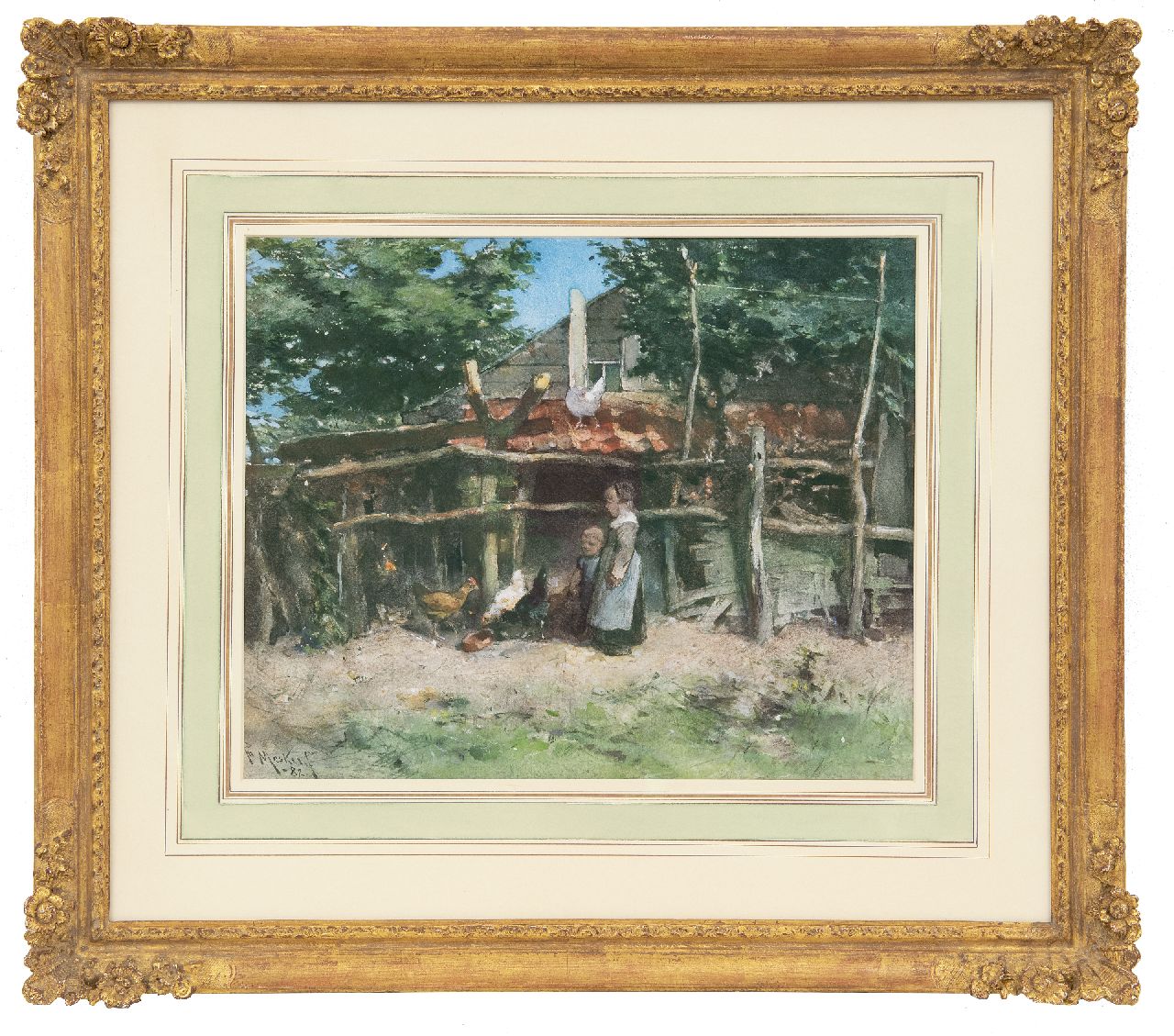 Mesker T.L. | Theodorus Ludovicus 'Theo' Mesker | Aquarellen en tekeningen te koop aangeboden | Bij het kippenhok, aquarel op papier 32,5 x 39,5 cm, gesigneerd linksonder en gedateerd '82 Mesker T.L. | Theodorus Ludovicus 'Theo' Mesker | Aquarellen en tekeningen te koop aangeboden | Bij het kippenhok, aquarel op papier 32,5 x 39,5 cm, gesigneerd linksonder en gedateerd '82
