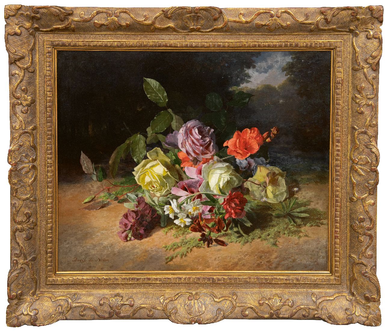 Noter D.E.J. de | 'David' Emile Joseph de Noter | Schilderijen te koop aangeboden | Rozenboeket en zomerbloemen op de bosgrond, olieverf op doek 46,3 x 55,1 cm, gesigneerd linksonder en op het spieraam Noter D.E.J. de | 'David' Emile Joseph de Noter | Schilderijen te koop aangeboden | Rozenboeket en zomerbloemen op de bosgrond, olieverf op doek 46,3 x 55,1 cm, gesigneerd linksonder en op het spieraam