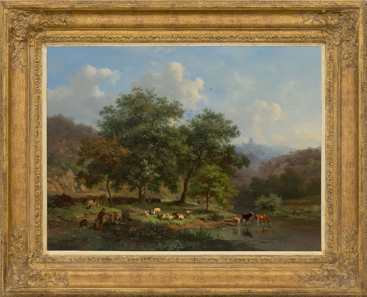 Kruseman F.M. | Frederik Marinus Kruseman | Schilderijen te koop aangeboden | Zomerlandschap met rustend landvolk en vee bij een rivier, olieverf op paneel 48,1 x 64,4 cm, gesigneerd linksonder Kruseman F.M. | Frederik Marinus Kruseman | Schilderijen te koop aangeboden | Zomerlandschap met rustend landvolk en vee bij een rivier, olieverf op paneel 48,1 x 64,4 cm, gesigneerd linksonder