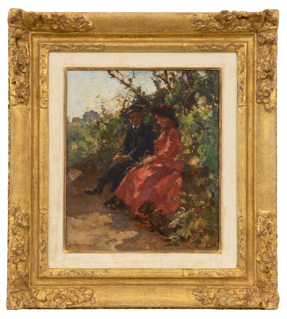 Akkeringa J.E.H.  | 'Johannes Evert' Hendrik Akkeringa | Schilderijen te koop aangeboden | Rendez-vous in de Scheveningse duinen, olieverf op paneel 28,5 x 24,4 cm, gesigneerd linksonder