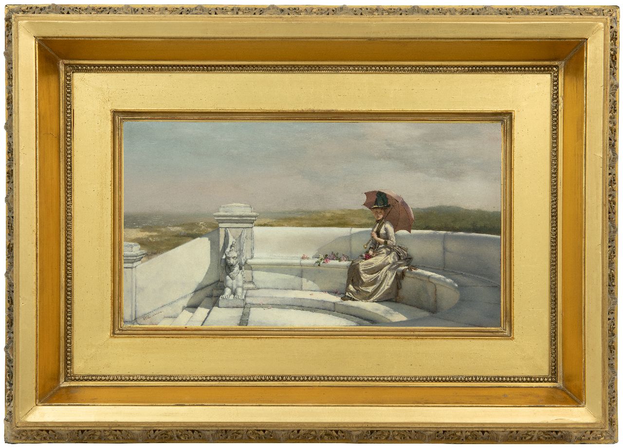 Haaxman P.  | Pieter Haaxman | Schilderijen te koop aangeboden | Jonge vrouw op marmeren tuinbank in Hollands duinlandschap, olieverf op paneel 23,5 x 43,1 cm, gesigneerd linksonder