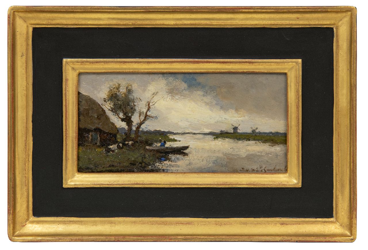 Weissenbruch H.J.  | Hendrik Johannes 'J.H.' Weissenbruch, Polderlandschap bij buiig weer, olieverf op paneel 9,9 x 20,0 cm, gesigneerd rechtsonder