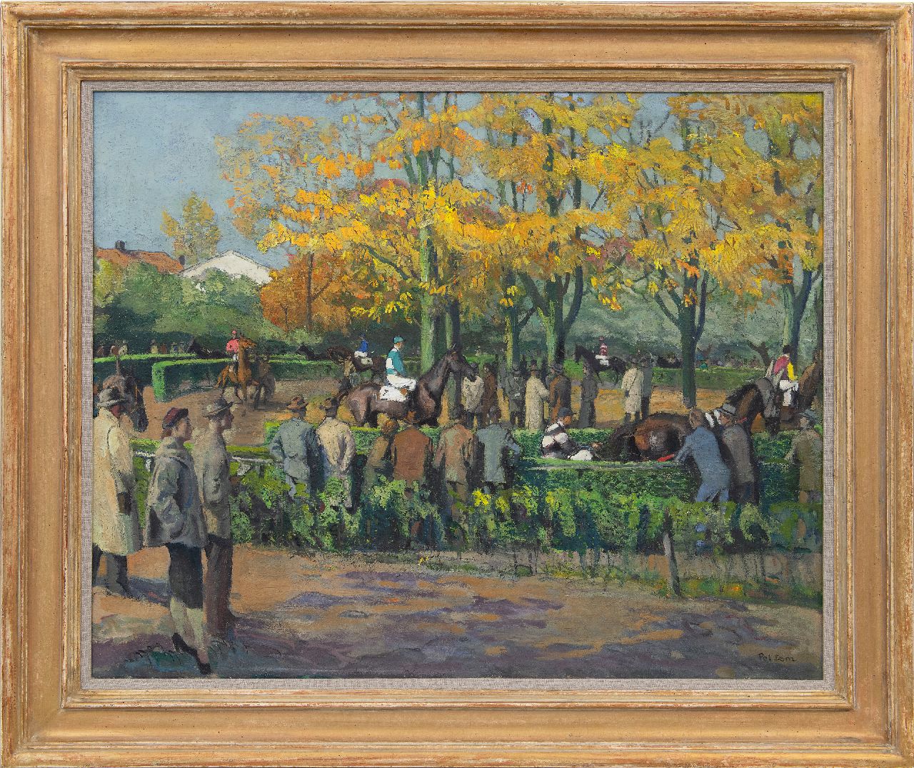 Dom P.L.C.  | Paulus Ludovicus Carolus 'Pol' Dom | Schilderijen te koop aangeboden | Toeschouwers bij de paddock van de renbaan Duindigt in Wassenaar, olieverf op doek 65,7 x 81,8 cm, gesigneerd rechtsonder en op spieraam