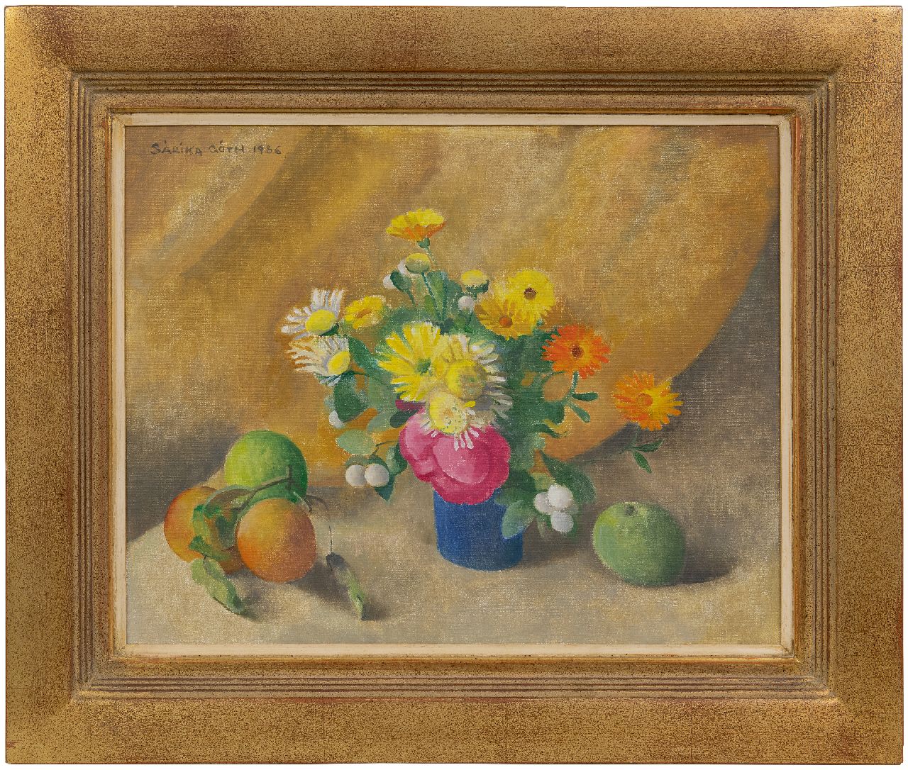 Góth C.  | Charlotte 'Sarika' Góth | Schilderijen te koop aangeboden | Stilleven met bloemen in blauwe vaas, olieverf op doek 40,1 x 50,0 cm, gesigneerd linksboven en gedateerd 1986