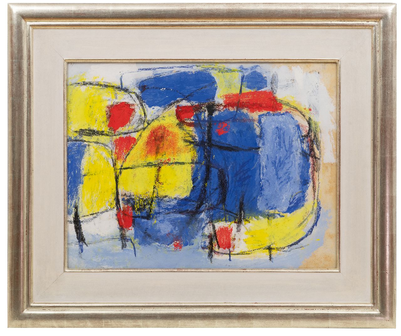 Nanninga J. | Jacob 'Jaap' Nanninga | Aquarellen en tekeningen te koop aangeboden | Compositie in blauw, geel, rood; verso: Compositie, krijt en gouache op papier 40,9 x 54,0 cm, gesigneerd verso en te dateren ca. 1958 Nanninga J. | Jacob 'Jaap' Nanninga | Aquarellen en tekeningen te koop aangeboden | Compositie in blauw, geel, rood; verso: Compositie, krijt en gouache op papier 40,9 x 54,0 cm, gesigneerd verso en te dateren ca. 1958