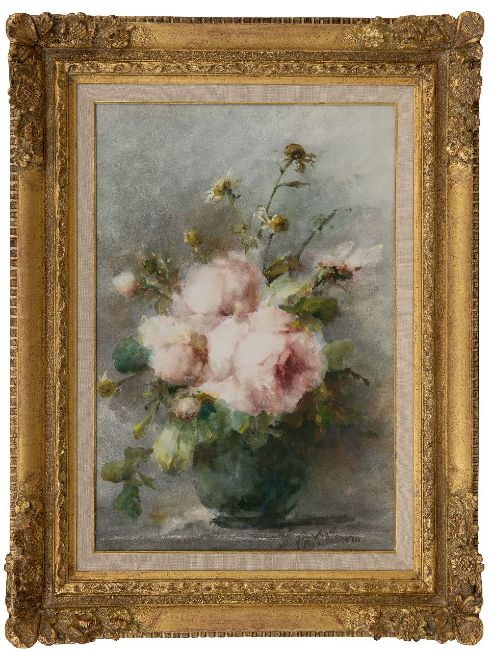 Roosenboom M.C.J.W.H.  | 'Margaretha' Cornelia Johanna Wilhelmina Henriëtta Roosenboom | Aquarellen en tekeningen te koop aangeboden | Stilleven met roze rozen, aquarel op papier 52,5 x 35,5 cm, gesigneerd rechtsonder
