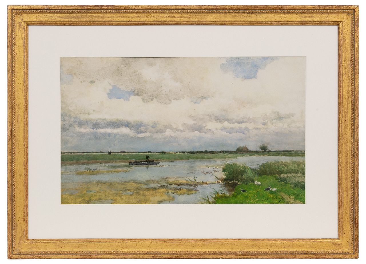 Weissenbruch H.J.  | Hendrik Johannes 'J.H.' Weissenbruch | Aquarellen en tekeningen te koop aangeboden | Plassengezicht met punter, aquarel op papier 32,5 x 54,0 cm, gesigneerd rechtsonder