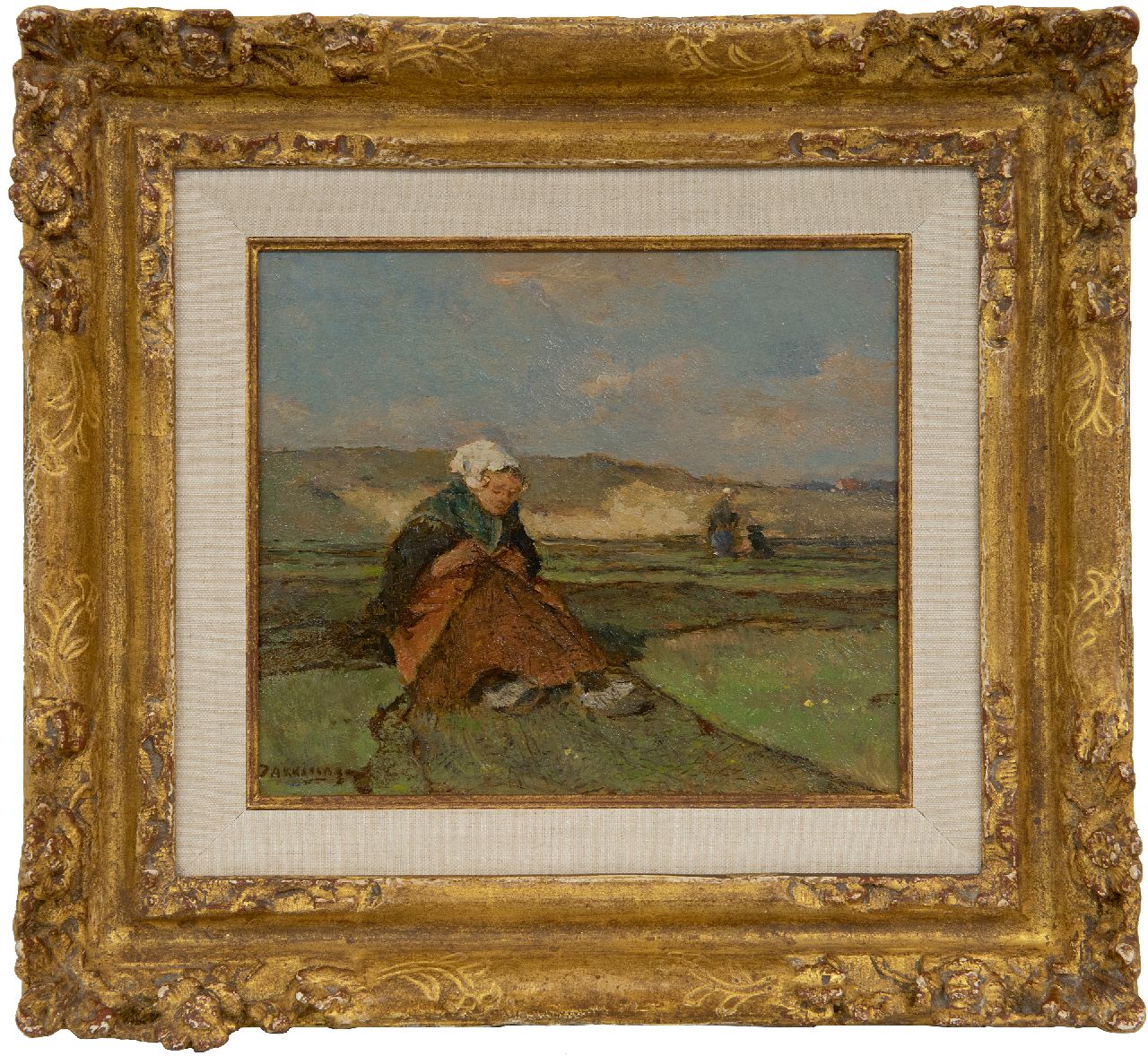 Akkeringa J.E.H.  | 'Johannes Evert' Hendrik Akkeringa, Nettenboetsters in de duinen, olieverf op paneel 14,5 x 17,1 cm, gesigneerd linksonder