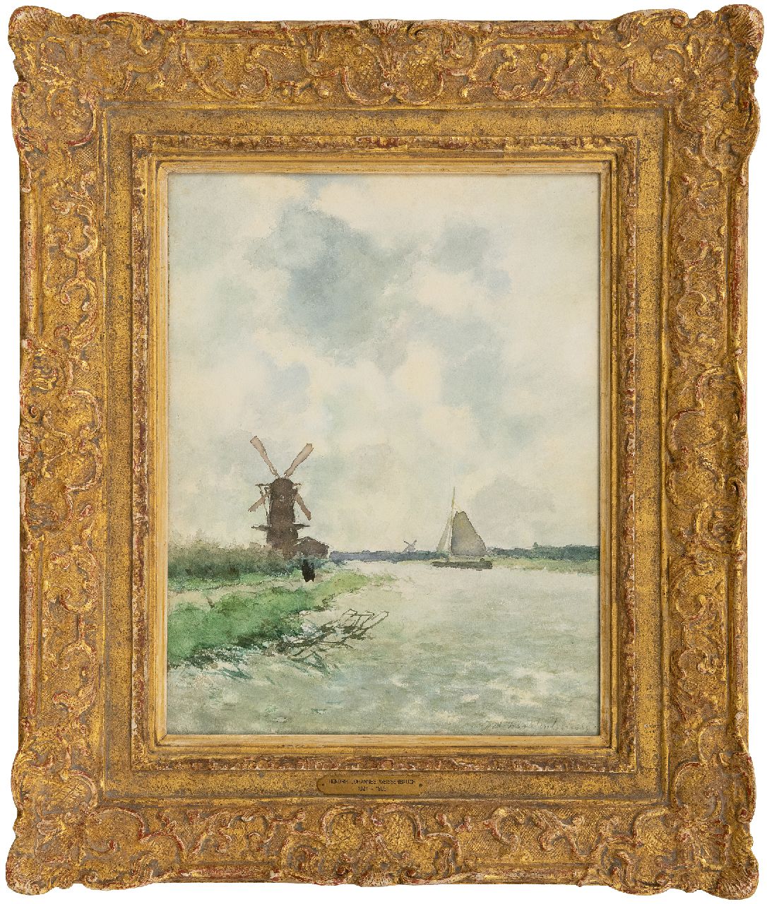 Weissenbruch H.J. | Hendrik Johannes 'J.H.' Weissenbruch, Riviergezicht met zeilschip en molens, aquarel op papier 42,0 x 32,0 cm, gesigneerd rechtsonder en gereserveerd Weissenbruch H.J. | Hendrik Johannes 'J.H.' Weissenbruch, Riviergezicht met zeilschip en molens, aquarel op papier 42,0 x 32,0 cm, gesigneerd rechtsonder en gereserveerd