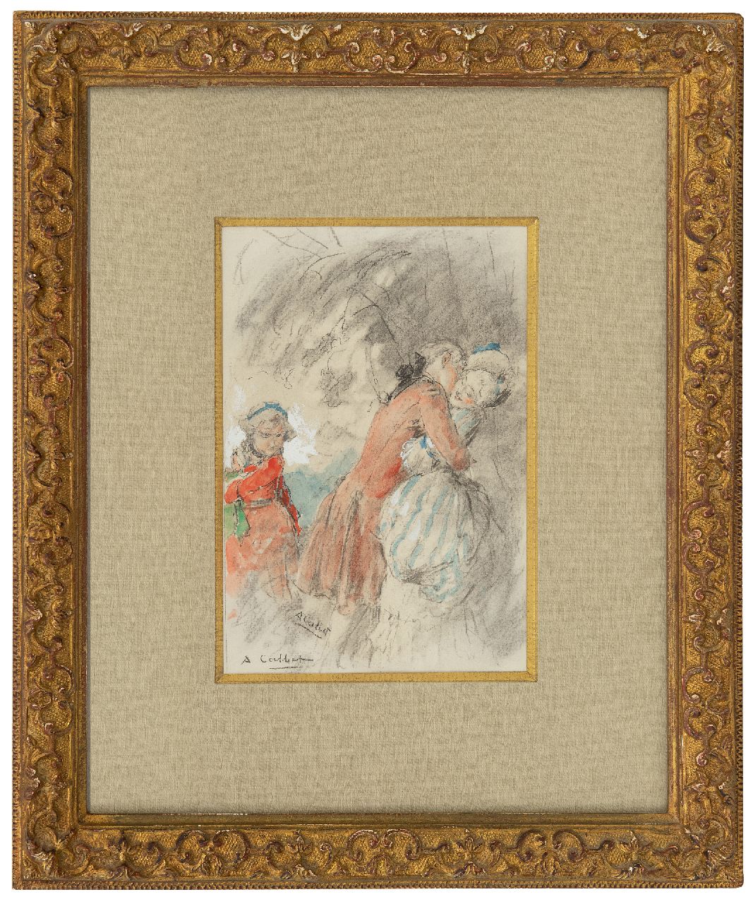 Calbet A. | Antoine Calbet, De gestolen kus, krijt en aquarel op papier 20,0 x 14,0 cm, gesigneerd linksonder Calbet A. | Antoine Calbet, De gestolen kus, krijt en aquarel op papier 20,0 x 14,0 cm, gesigneerd linksonder