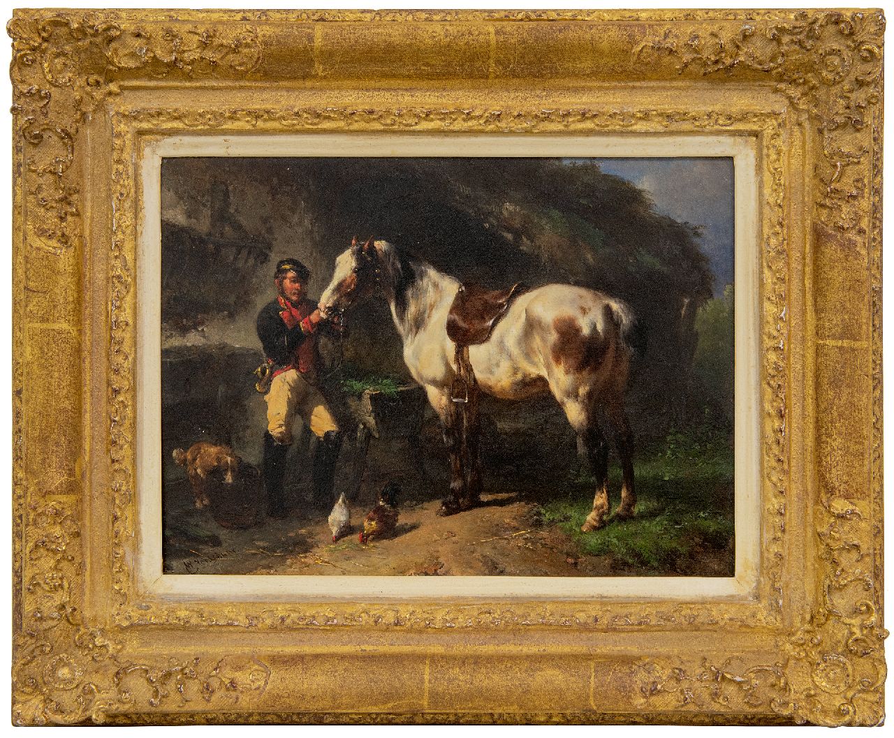 Verschuur W. | Wouterus Verschuur, Postiljon met zijn paard, olieverf op paneel 19,5 x 26,1 cm, gesigneerd linksonder Verschuur W. | Wouterus Verschuur, Postiljon met zijn paard, olieverf op paneel 19,5 x 26,1 cm, gesigneerd linksonder