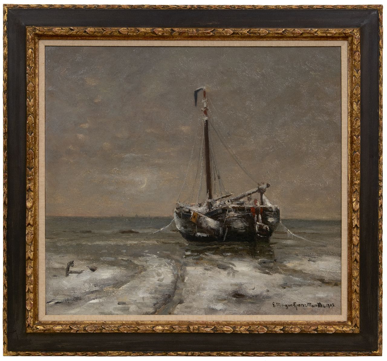 Munthe G.A.L.  | Gerhard Arij Ludwig 'Morgenstjerne' Munthe | Schilderijen te koop aangeboden | Besneeuwd strand met bomschuit, olieverf op doek 54,8 x 60,2 cm, gesigneerd rechtsonder en gedateerd 1903