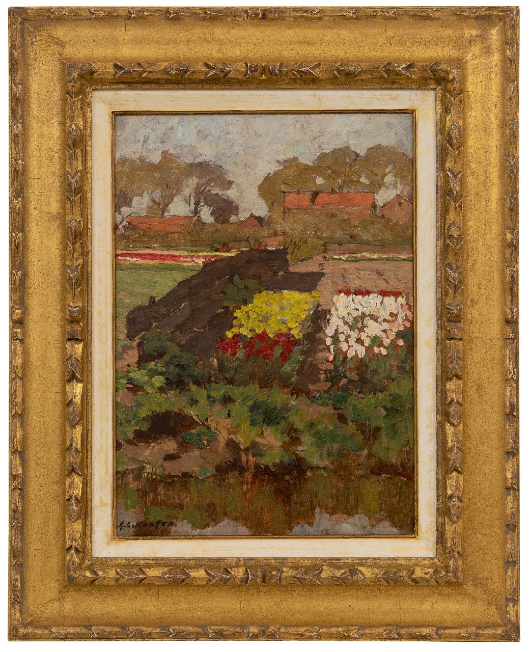 Koster A.L.  | Anton Louis 'Anton' Koster | Schilderijen te koop aangeboden | Bollenvelden, olieverf op paneel 35,0 x 24,9 cm, gesigneerd linksonder