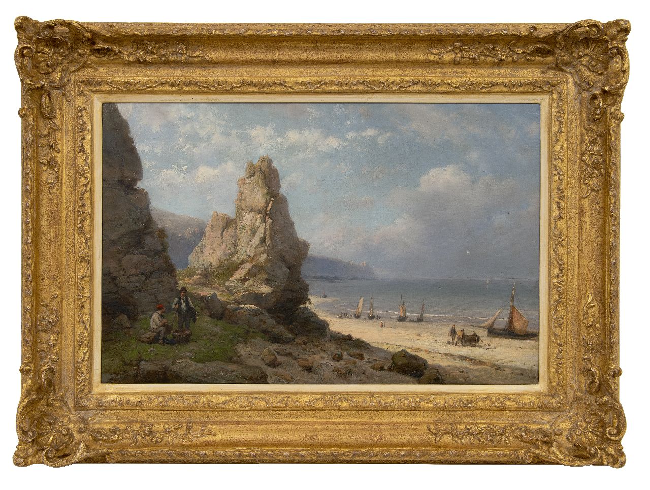 Koekkoek H. | Hermanus Koekkoek | Schilderijen te koop aangeboden | Strandgezicht met vissers en schepen langs een rotskust, olieverf op doek 37,2 x 57,5 cm, gesigneerd middenonder Koekkoek H. | Hermanus Koekkoek | Schilderijen te koop aangeboden | Strandgezicht met vissers en schepen langs een rotskust, olieverf op doek 37,2 x 57,5 cm, gesigneerd middenonder