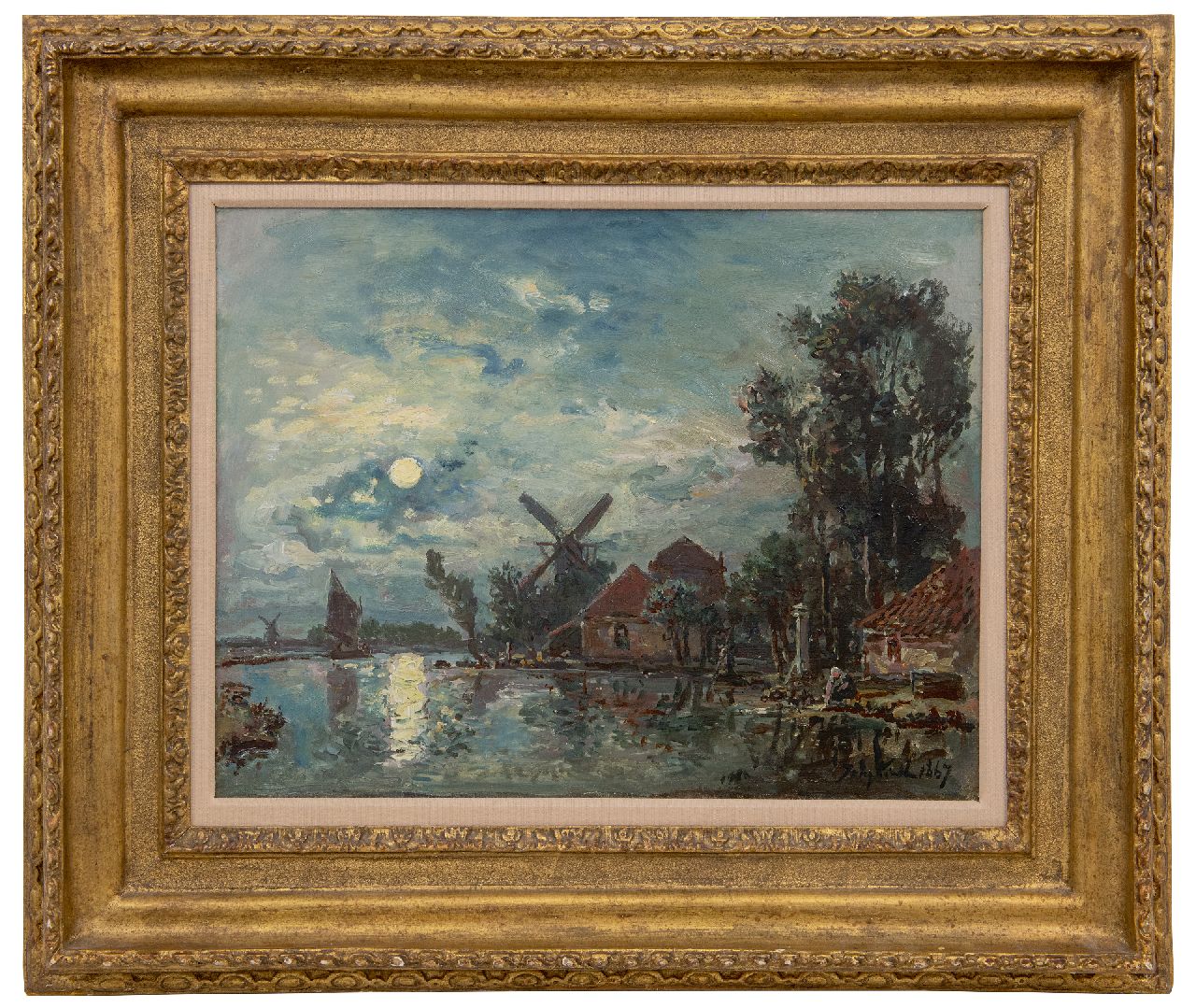 Jongkind J.B.  | Johan Barthold Jongkind, Maanverlicht rivierlandschap, Holland, olieverf op doek 33,6 x 43,3 cm, gesigneerd rechtsonder en gedateerd 1867