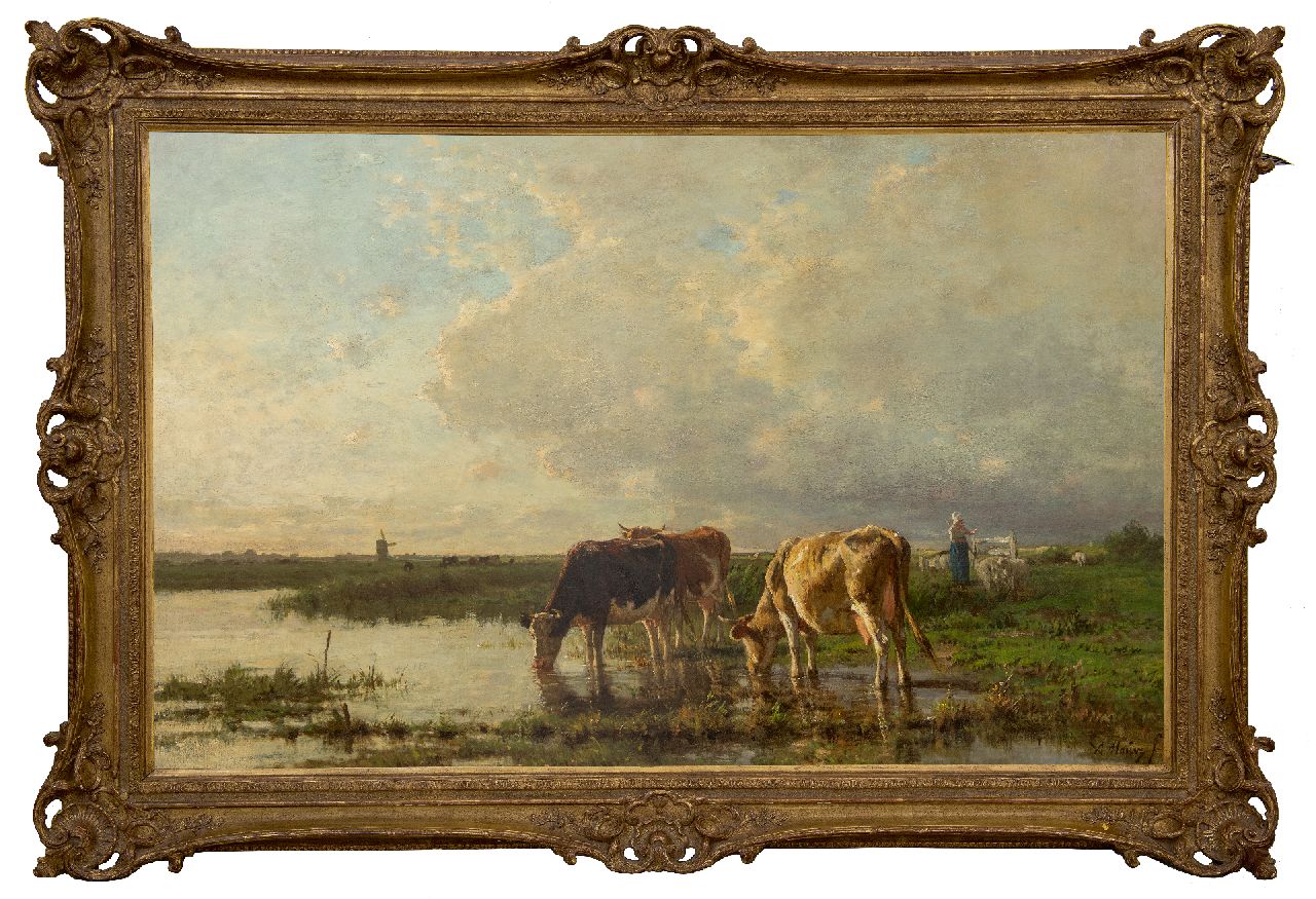 Mauve A. | Anthonij 'Anton' Mauve, Drinkend vee bij de rivier, olieverf op doek 84,8 x 134,8 cm, gesigneerd rechtsonder en 1868-1870 Mauve A. | Anthonij 'Anton' Mauve, Drinkend vee bij de rivier, olieverf op doek 84,8 x 134,8 cm, gesigneerd rechtsonder en 1868-1870