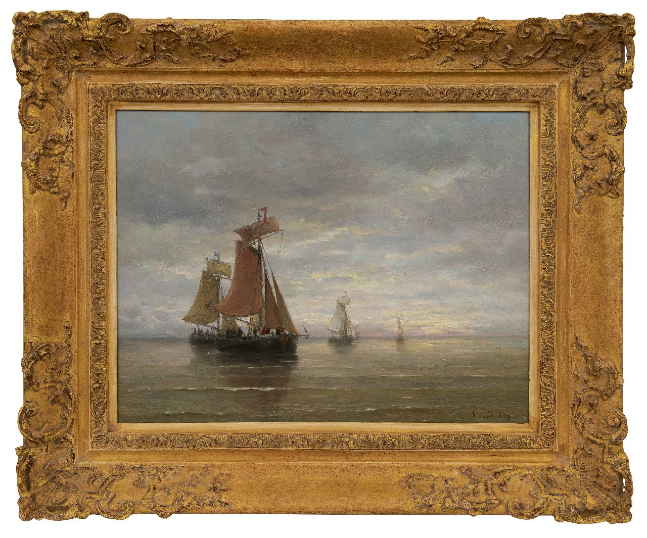 Mesdag H.W.  | Hendrik Willem Mesdag, Bomschuiten op kalme zee, olieverf op paneel 39,5 x 51,0 cm, gesigneerd rechtsonder
