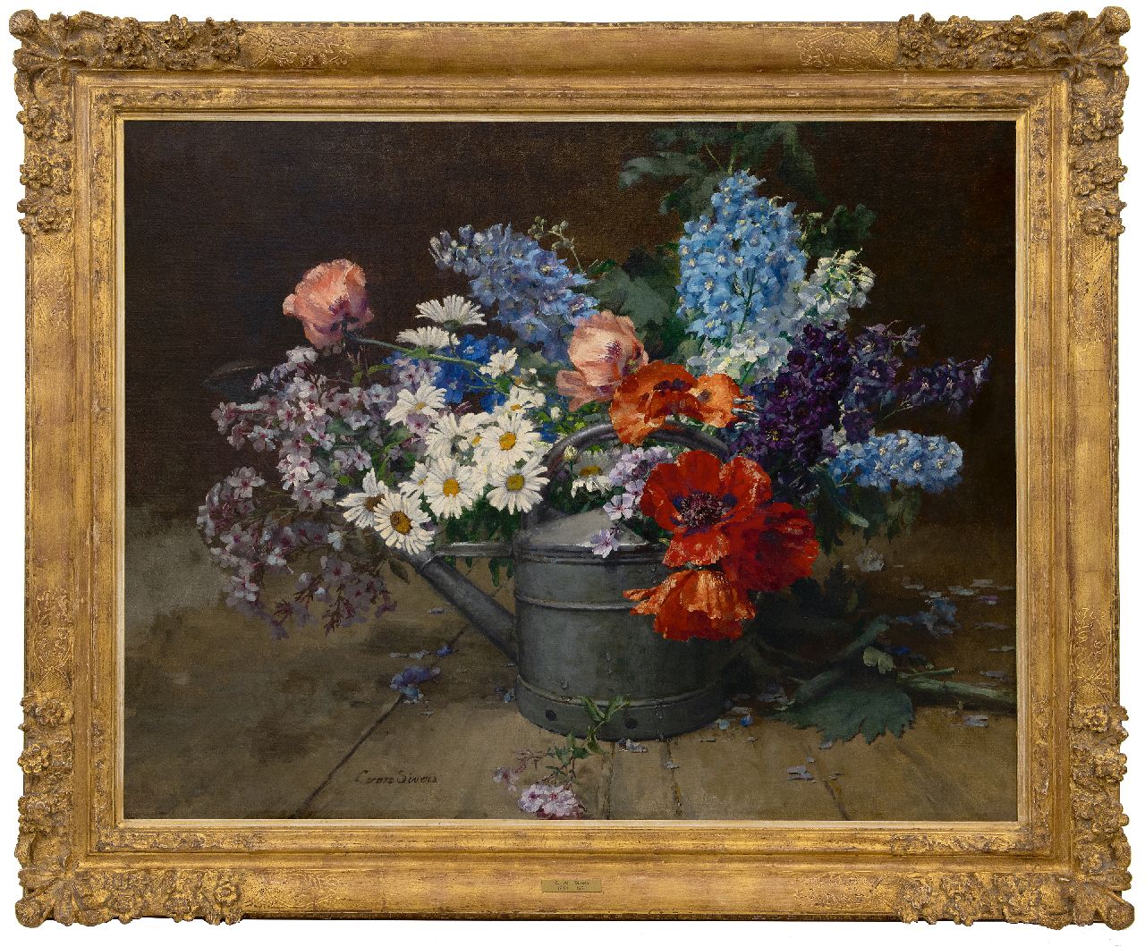 Sivers-Krüger C. von | Clara von Sivers-Krüger, Stilleven van bloemen in een gieter, olieverf op doek 80,1 x 100,3 cm, gesigneerd links van het midden.