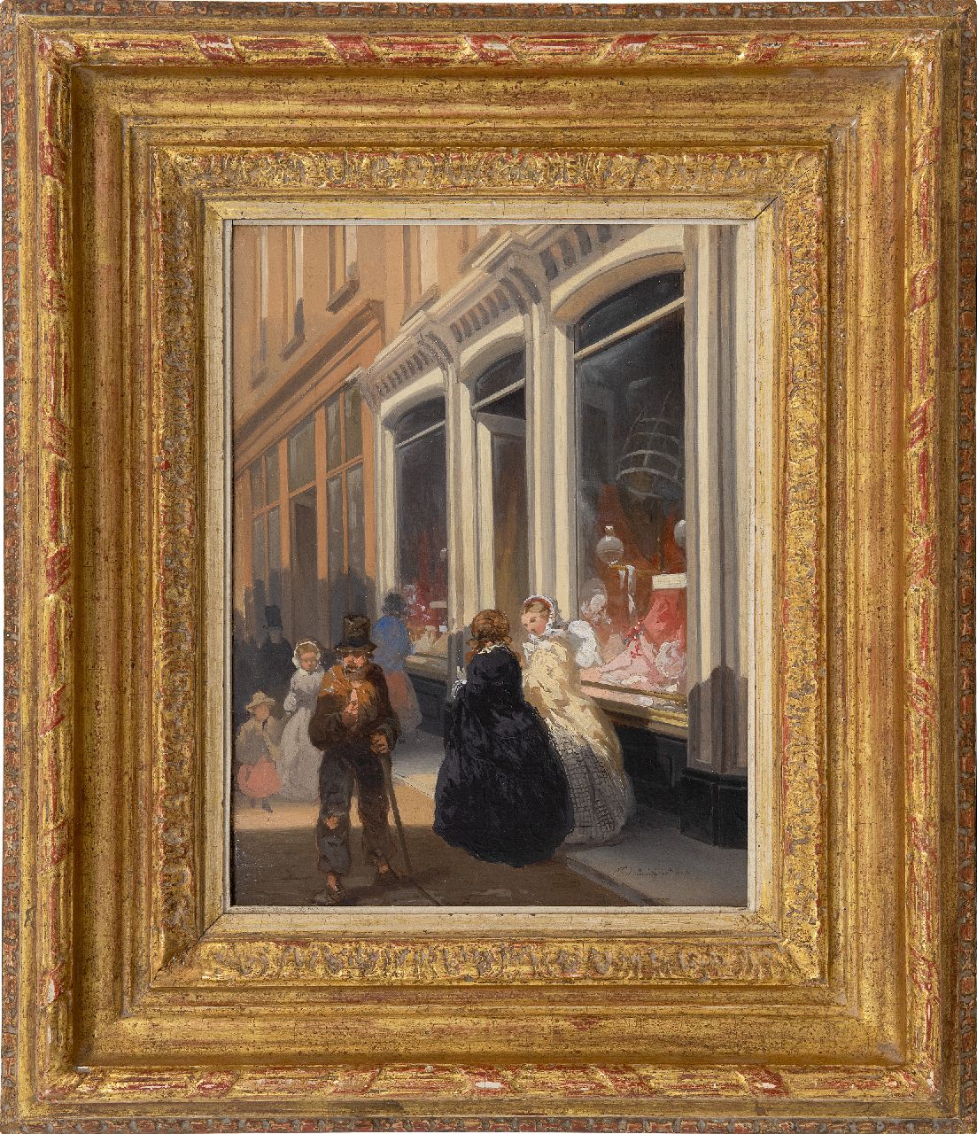 Breuhaus de Groot F.A.  | Frans Arnold Breuhaus de Groot | Schilderijen te koop aangeboden | Elegante vrouwen voor een korsetterie winkel, olieverf op paneel 33,0 x 25,0 cm, gesigneerd rechtsonder