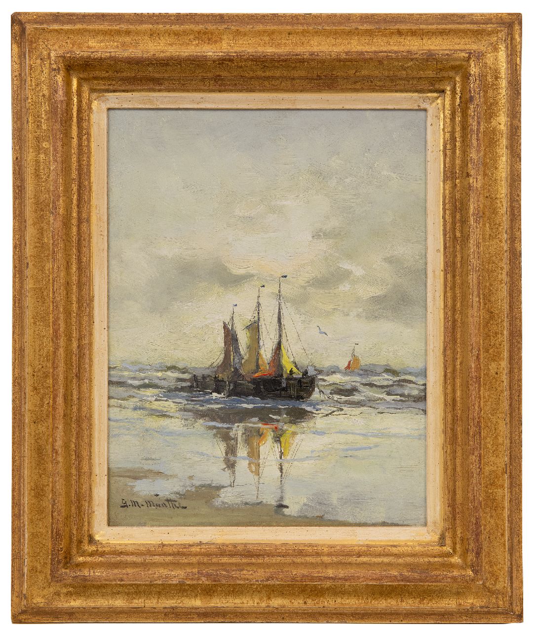 Munthe G.A.L. | Gerhard Arij Ludwig 'Morgenstjerne' Munthe, Drie bomschuiten in de branding, olieverf op paneel 24,5 x 18,7 cm, gesigneerd linksonder Munthe G.A.L. | Gerhard Arij Ludwig 'Morgenstjerne' Munthe, Drie bomschuiten in de branding, olieverf op paneel 24,5 x 18,7 cm, gesigneerd linksonder