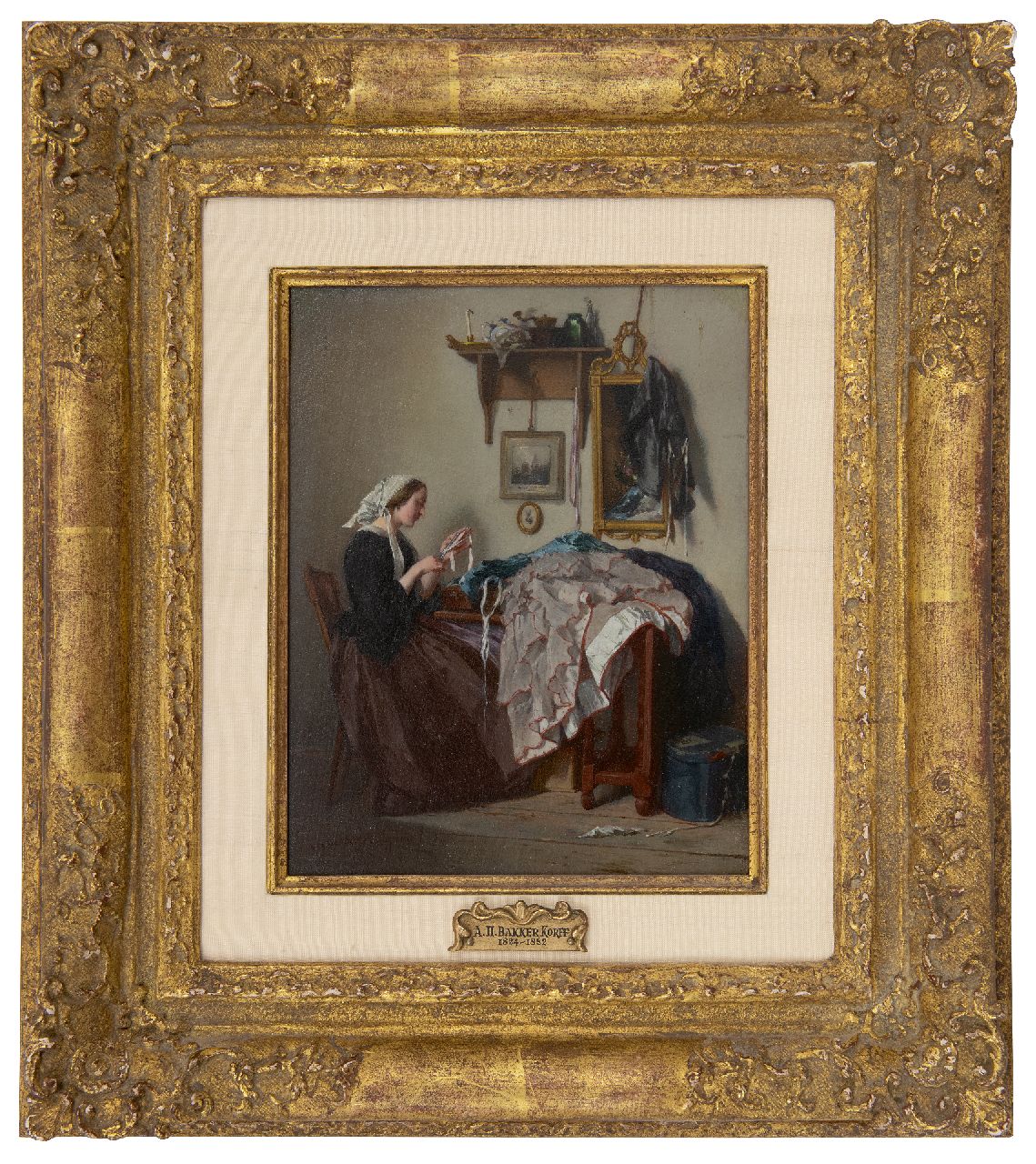 Bakker Korff A.H. | Alexander Hugo Bakker Korff | Schilderijen te koop aangeboden | De jonge naaister, olieverf op paneel 18,5 x 14,4 cm, gesigneerd linksonder en te dateren ca. 1864 Bakker Korff A.H. | Alexander Hugo Bakker Korff | Schilderijen te koop aangeboden | De jonge naaister, olieverf op paneel 18,5 x 14,4 cm, gesigneerd linksonder en te dateren ca. 1864