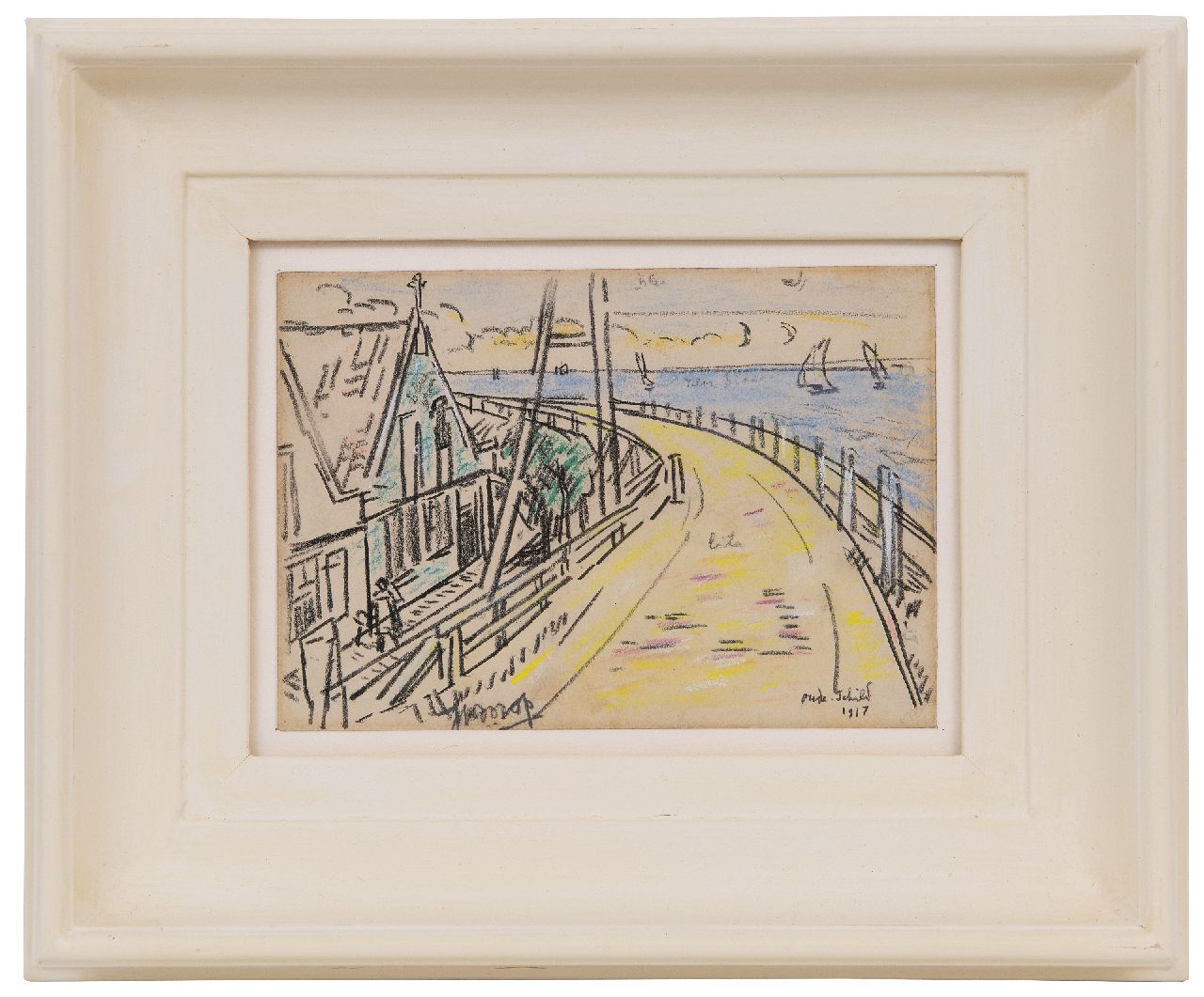 Toorop J.Th. | Johannes Theodorus 'Jan' Toorop | Aquarellen en tekeningen te koop aangeboden | Oudeschild, Texel, gekleurd krijt op papier 13,0 x 18,0 cm, gesigneerd middenonder en gedateerd 'oude-Schild' 1917 Toorop J.Th. | Johannes Theodorus 'Jan' Toorop | Aquarellen en tekeningen te koop aangeboden | Oudeschild, Texel, gekleurd krijt op papier 13,0 x 18,0 cm, gesigneerd middenonder en gedateerd 'oude-Schild' 1917