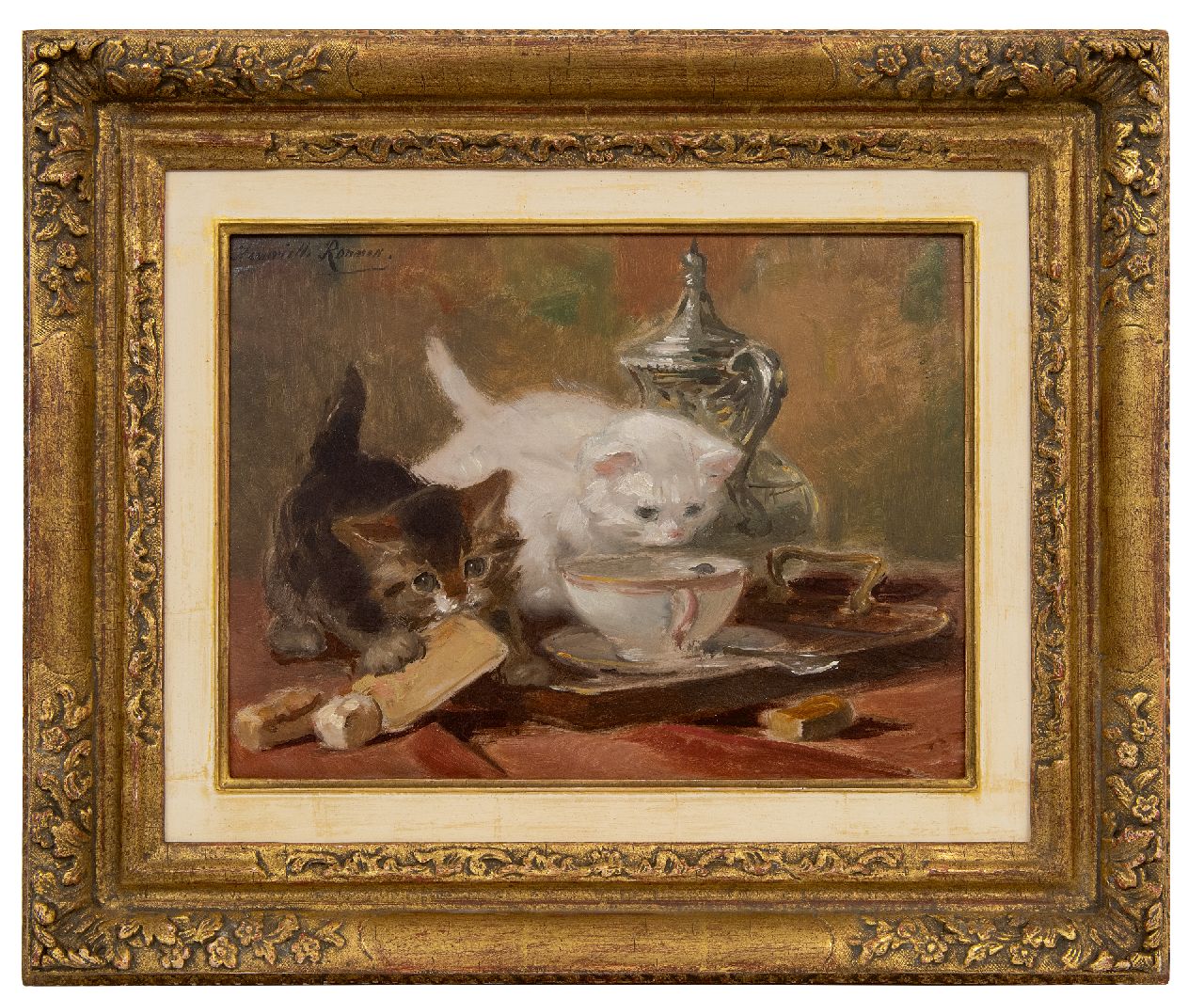 Ronner-Knip H.  | Henriette Ronner-Knip | Schilderijen te koop aangeboden | Kittens spelend op een theetafel, olieverf op papier op paneel 23,8 x 32,1 cm, gesigneerd linksboven