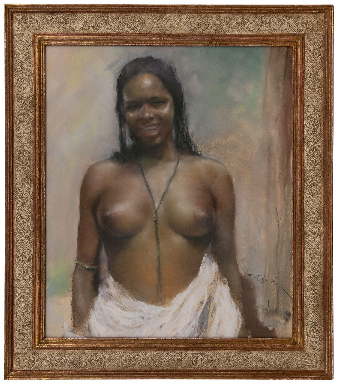 Fried P.  | Pal Fried | Aquarellen en tekeningen te koop aangeboden | Glimlachend half-naakt, pastel op papier 79,9 x 68,4 cm, gesigneerd rechtsonder