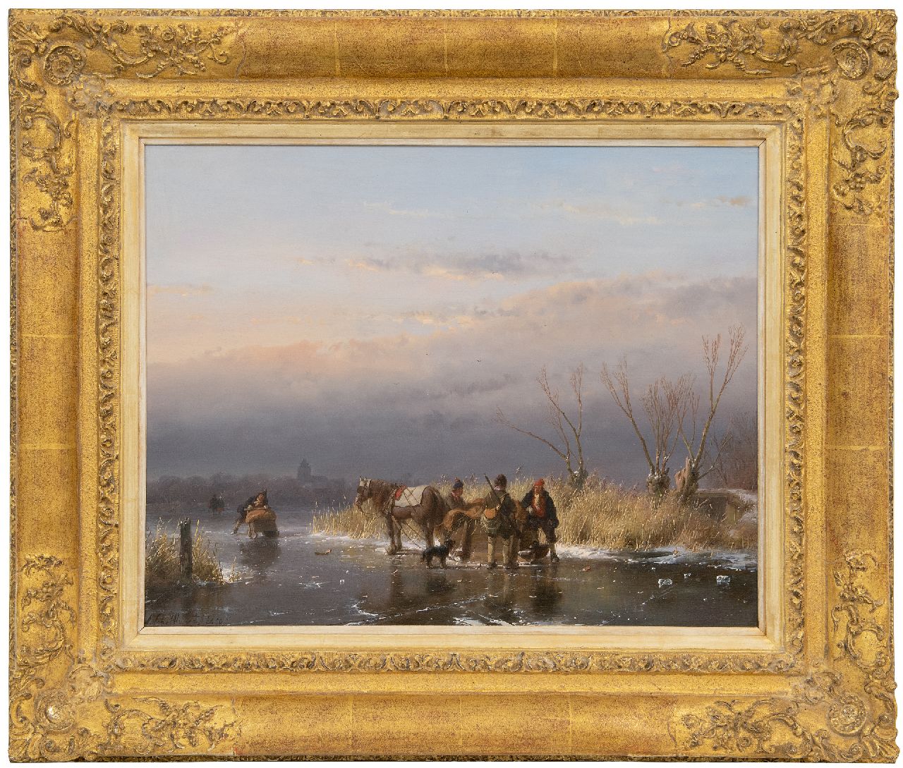 Schelfhout A.  | Andreas Schelfhout, IJsgezicht met jager en hond bij een paardenslee, olieverf op paneel 34,5 x 43,9 cm, gesigneerd linksonder en gedateerd 1850