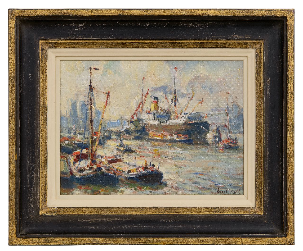 Moll E. | Evert Moll, Havengezicht met stoomschip en slepers, olieverf op doek 19,4 x 25,2 cm, gesigneerd rechtsonder Moll E. | Evert Moll, Havengezicht met stoomschip en slepers, olieverf op doek 19,4 x 25,2 cm, gesigneerd rechtsonder
