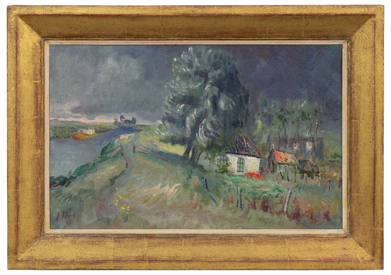 Altink J. | Jan Altink | Schilderijen te koop aangeboden | Boerderij Blauwborgje aan het Reitdiep; verso: landschap met loods en schaftkeet, olieverf op doek 40,2 x 63,0 cm, gesigneerd linksonder en gedateerd '36 en ca. 1928 Altink J. | Jan Altink | Schilderijen te koop aangeboden | Boerderij Blauwborgje aan het Reitdiep; verso: landschap met loods en schaftkeet, olieverf op doek 40,2 x 63,0 cm, gesigneerd linksonder en gedateerd '36 en ca. 1928