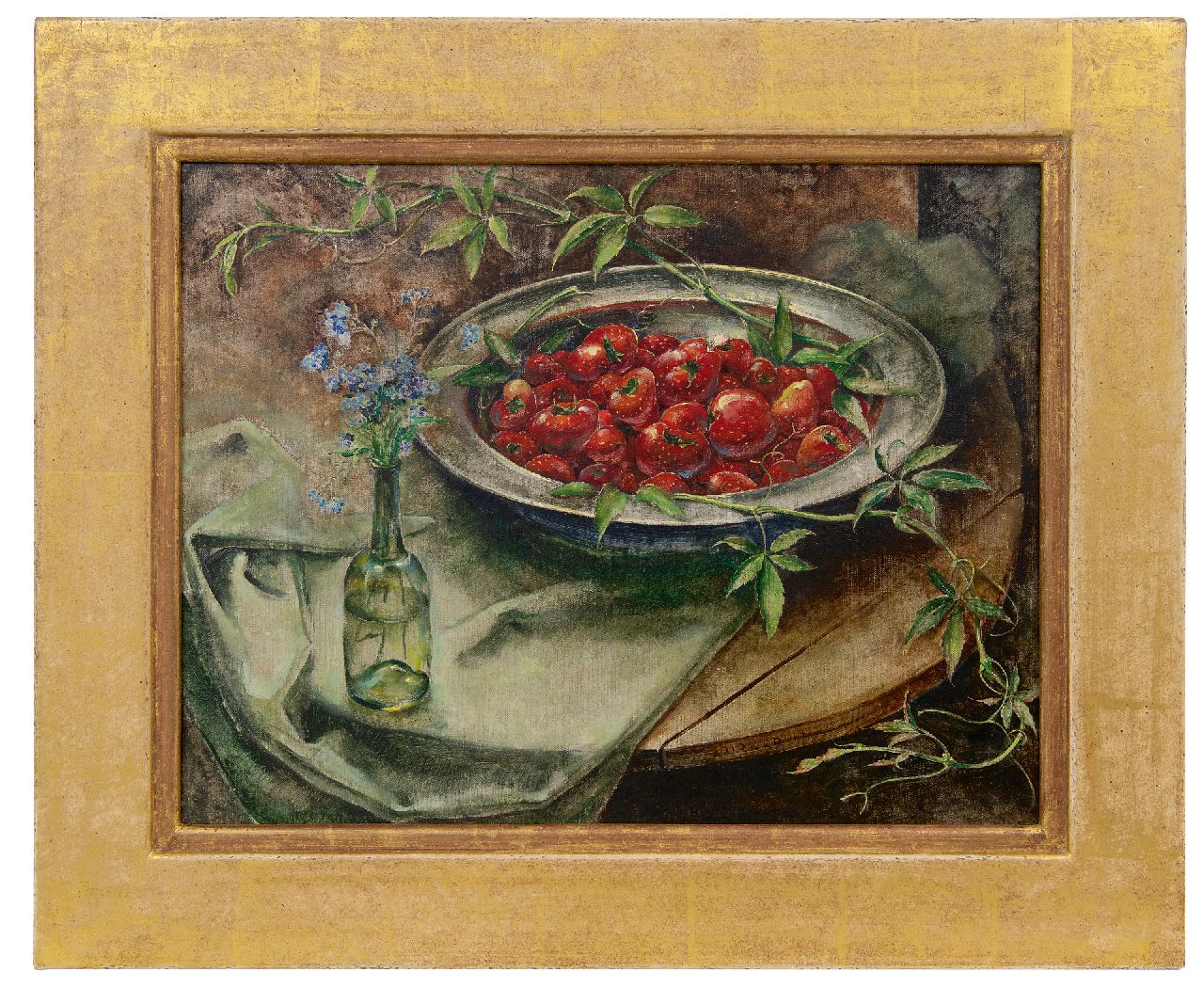 Kruizinga D.  | Dirk Kruizinga | Schilderijen te koop aangeboden | Stilleven met aardbeien op tinnen schaal, olieverf op doek 35,2 x 45,3 cm, gesigneerd rechtsonder