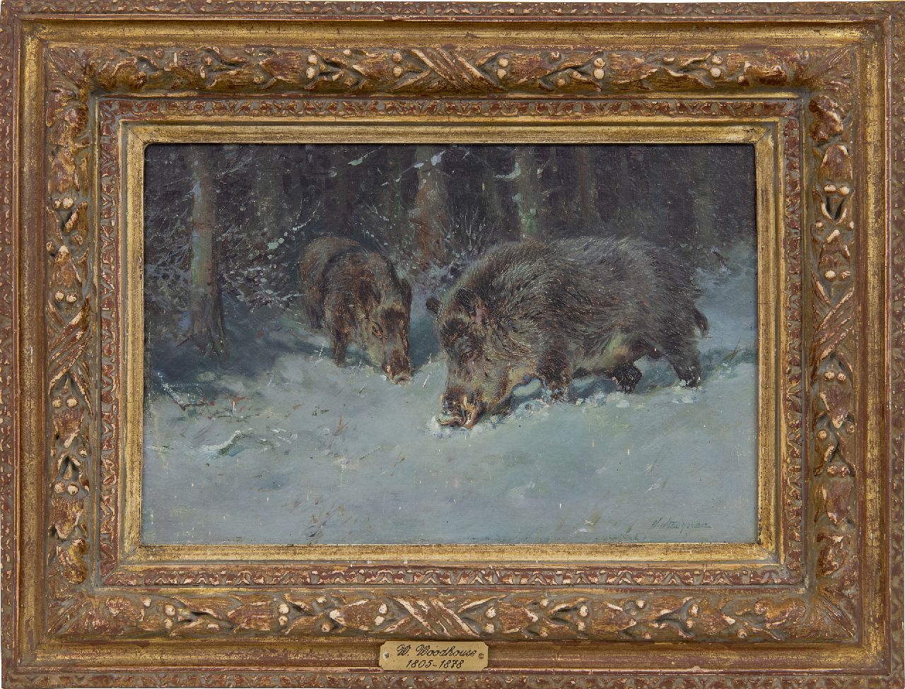 Woodhouse W. | William Woodhouse, Twee wilde zwijnen in de sneeuw, olieverf op paneel 20,0 x 30,0 cm, gesigneerd rechtsonder Woodhouse W. | William Woodhouse, Twee wilde zwijnen in de sneeuw, olieverf op paneel 20,0 x 30,0 cm, gesigneerd rechtsonder
