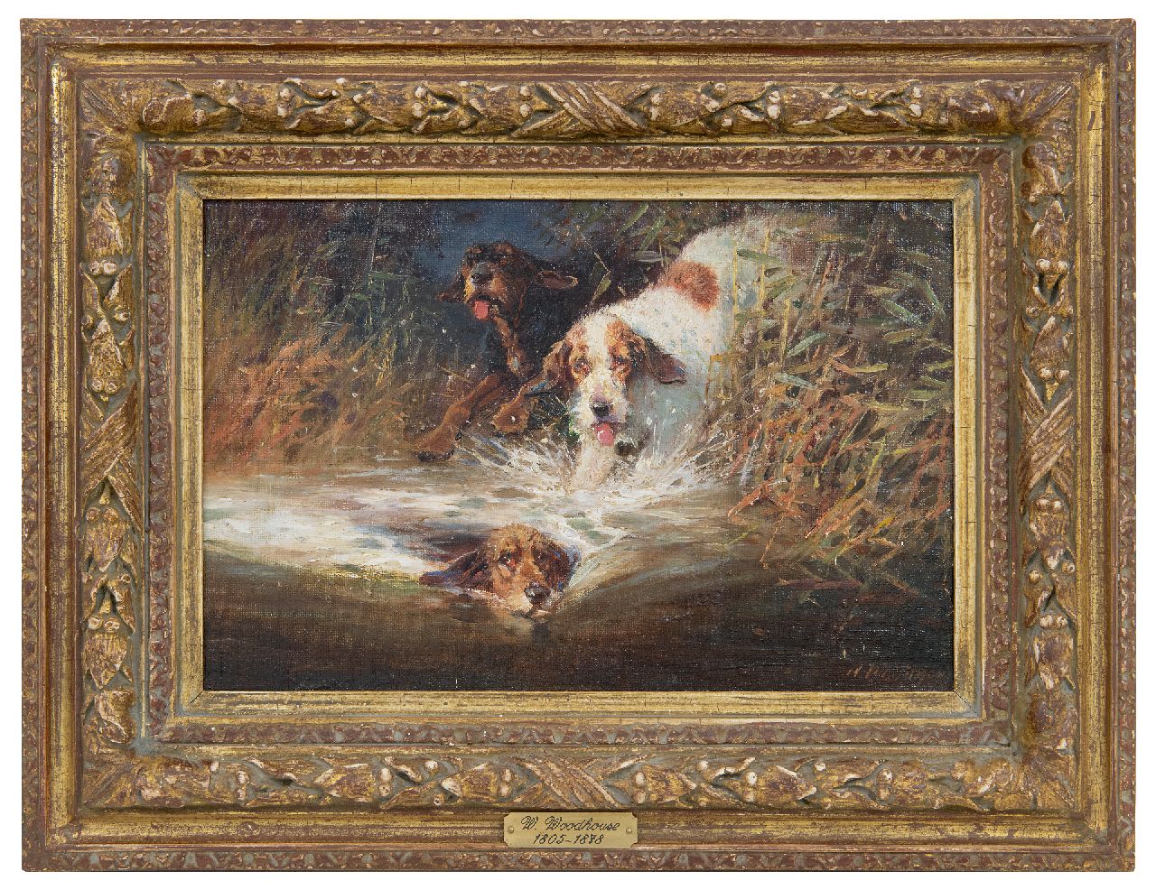 Woodhouse W. | William Woodhouse, Drie jachthonden in actie, olieverf op doek op paneel 20,0 x 30,2 cm, gesigneerd rechtsonder Woodhouse W. | William Woodhouse, Drie jachthonden in actie, olieverf op doek op paneel 20,0 x 30,2 cm, gesigneerd rechtsonder