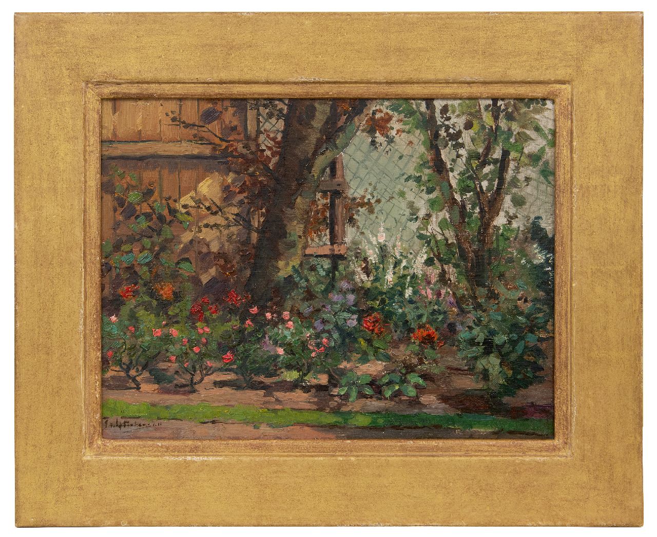 Pietersen J.A. | 'Johannes' Anthonius Pietersen, De rozentuin, olieverf op karton 30,0 x 39,4 cm, gesigneerd linksonder Pietersen J.A. | 'Johannes' Anthonius Pietersen, De rozentuin, olieverf op karton 30,0 x 39,4 cm, gesigneerd linksonder
