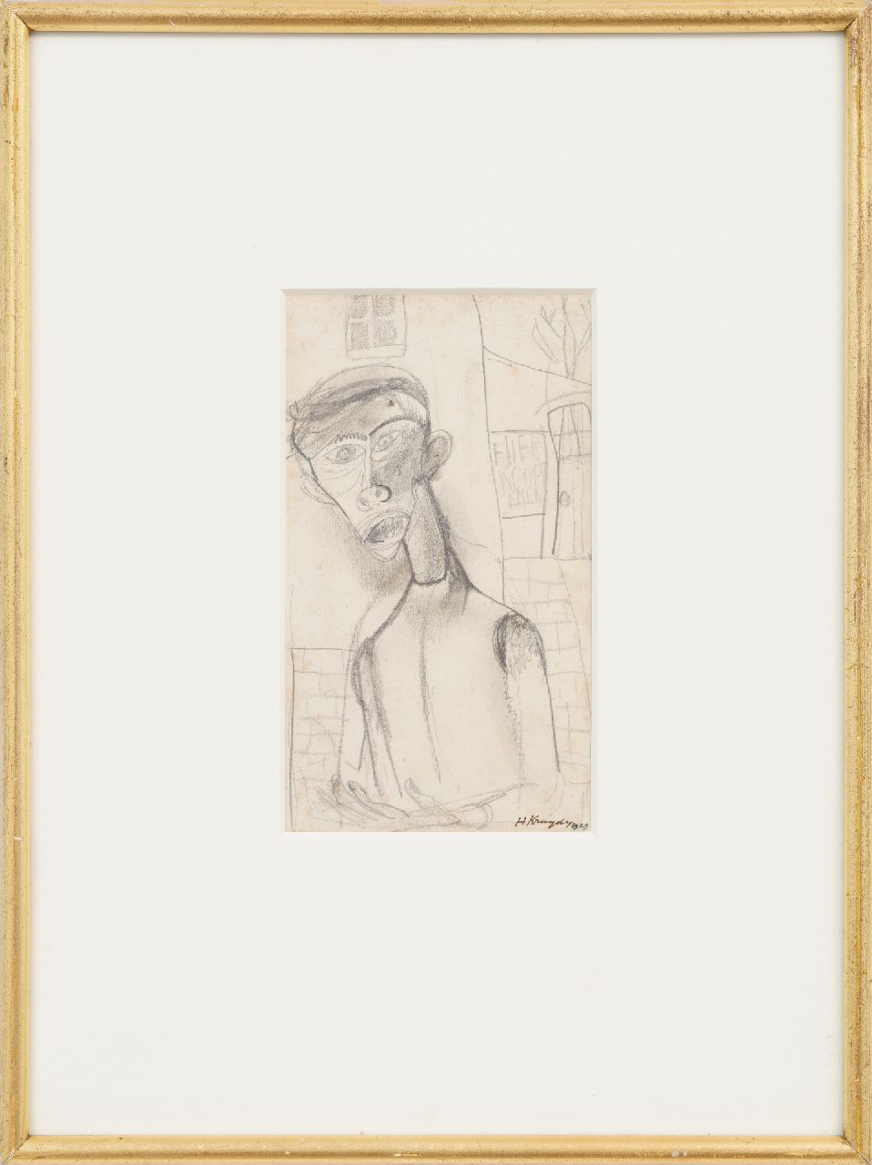 Kruyder H.J.  | 'Herman' Justus Kruyder | Aquarellen en tekeningen te koop aangeboden | Een man: 'hier koopt men', tekening op papier 18,0 x 11,0 cm, gesigneerd rechtsonder en gedateerd 1929 (niet te koop)