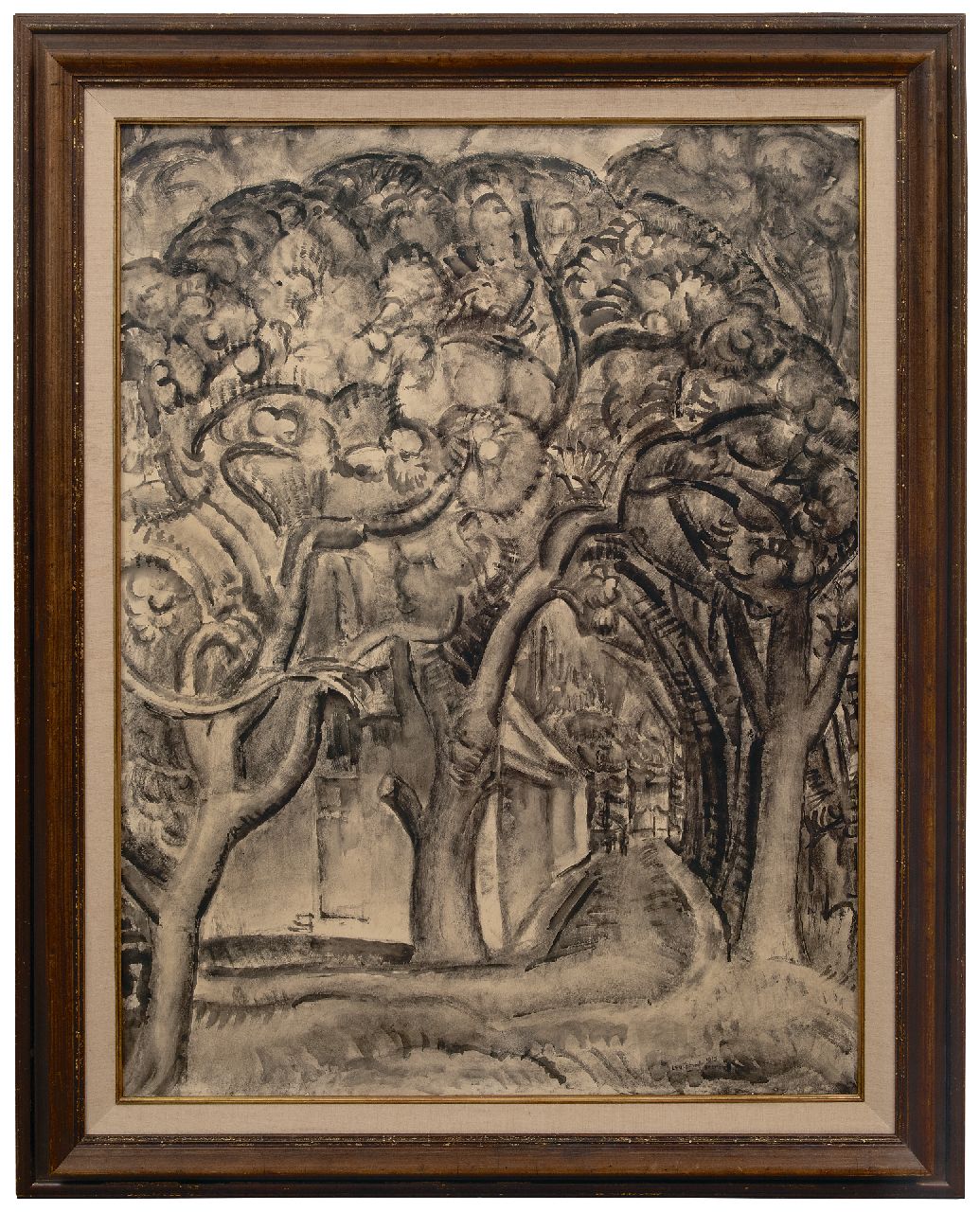 Gestel L.  | Leendert 'Leo' Gestel | Aquarellen en tekeningen te koop aangeboden | Boomgaard in de Beemster, inkt en krijt op papier 95,4 x 72,6 cm, gesigneerd rechtsonder en gedateerd 1919