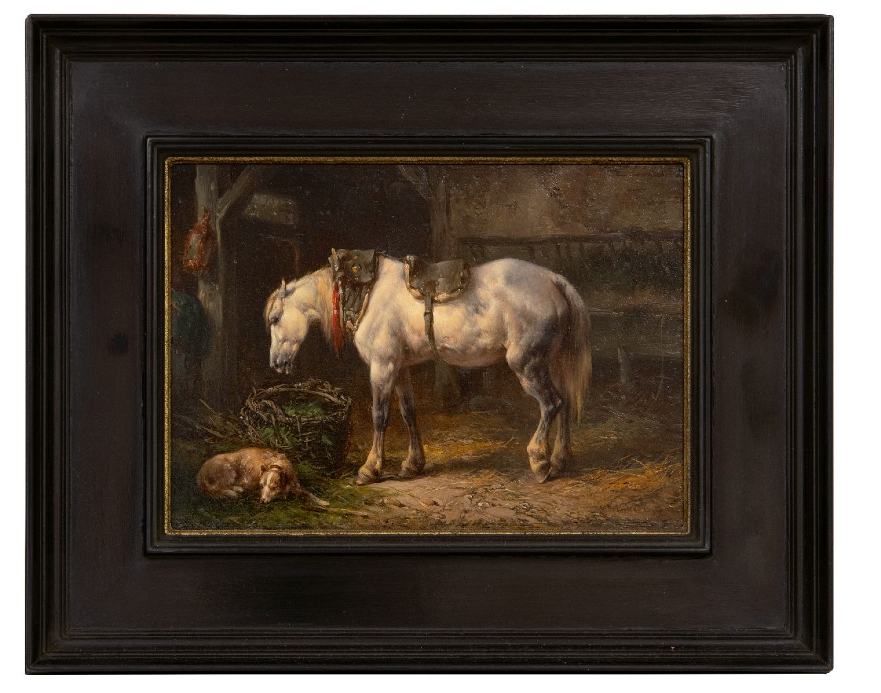 Verschuur W. | Wouterus Verschuur | Schilderijen te koop aangeboden | Stalinterieur met paard en hond, olieverf op paneel 12,6 x 17,4 cm, gesigneerd rechtsonder Verschuur W. | Wouterus Verschuur | Schilderijen te koop aangeboden | Stalinterieur met paard en hond, olieverf op paneel 12,6 x 17,4 cm, gesigneerd rechtsonder