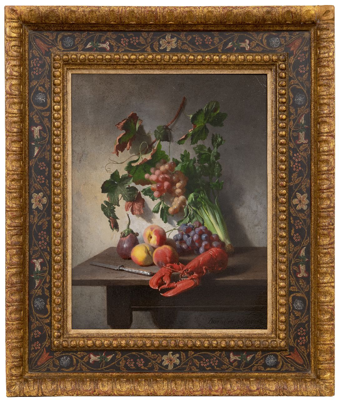 Noter D.E.J. de | 'David' Emile Joseph de Noter | Schilderijen te koop aangeboden | Stilleven met groente, fruit, kreeft en een mes, olieverf op paneel 37,0 x 28,3 cm, gesigneerd rechtsonder