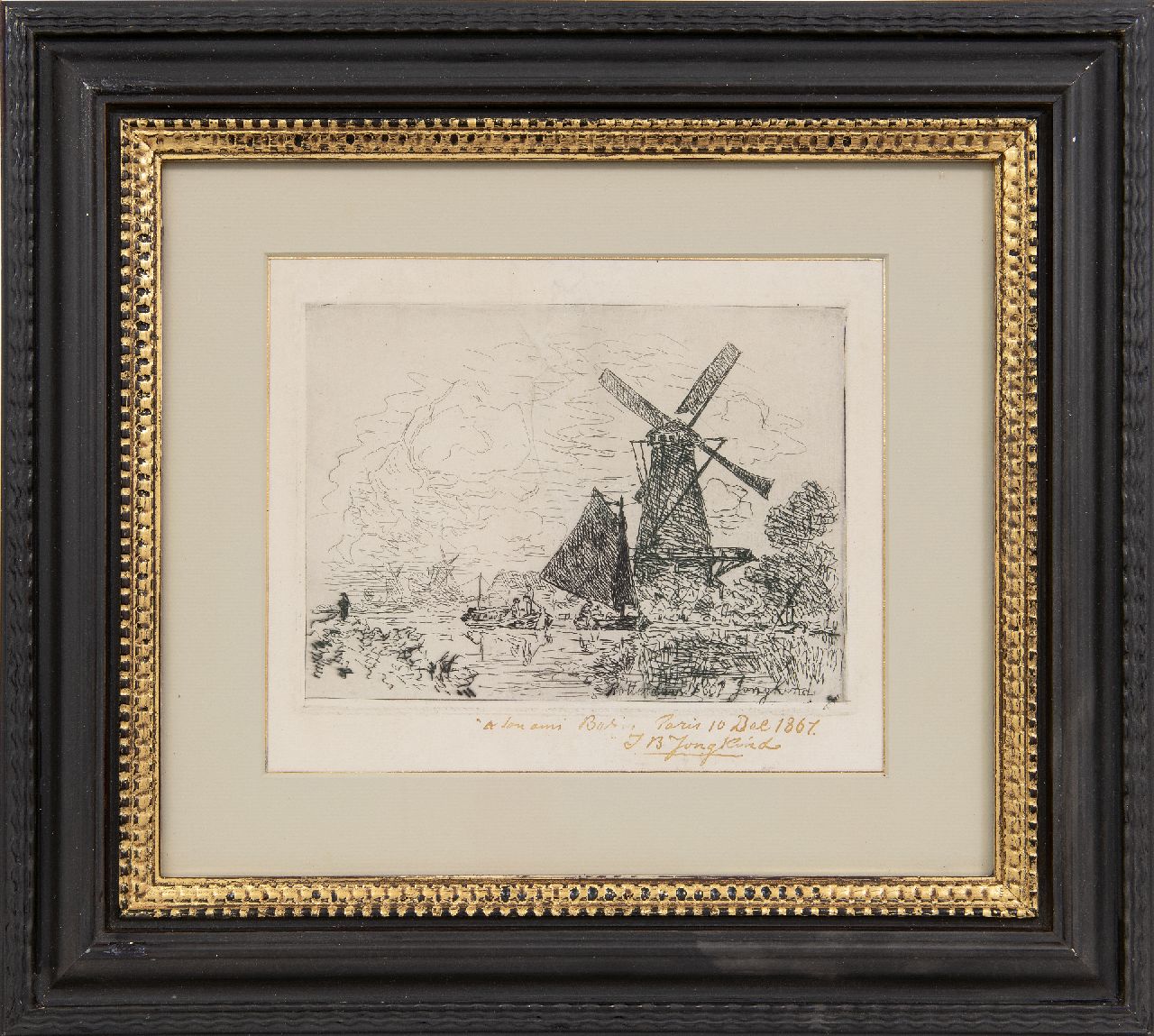 Jongkind J.B.  | Johan Barthold Jongkind | Grafiek te koop aangeboden | Vaart bij Rotterdam met boten en een molen, ets op papier 22,0 x 18,5 cm, gesigneerd rechtsonder in de plaat en met de hand op het blad en gedateerd 'Rotterdam' 1861 in de plaat