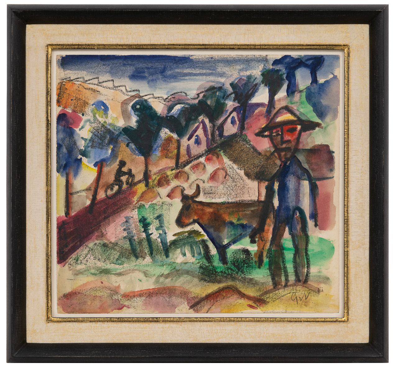Velde G. van | Gerardus 'Geer' van Velde | Aquarellen en tekeningen te koop aangeboden | Boer met koe in een landschap, krijt en aquarel op papier 28,6 x 31,2 cm, gesigneerd rechtsonder met initialen